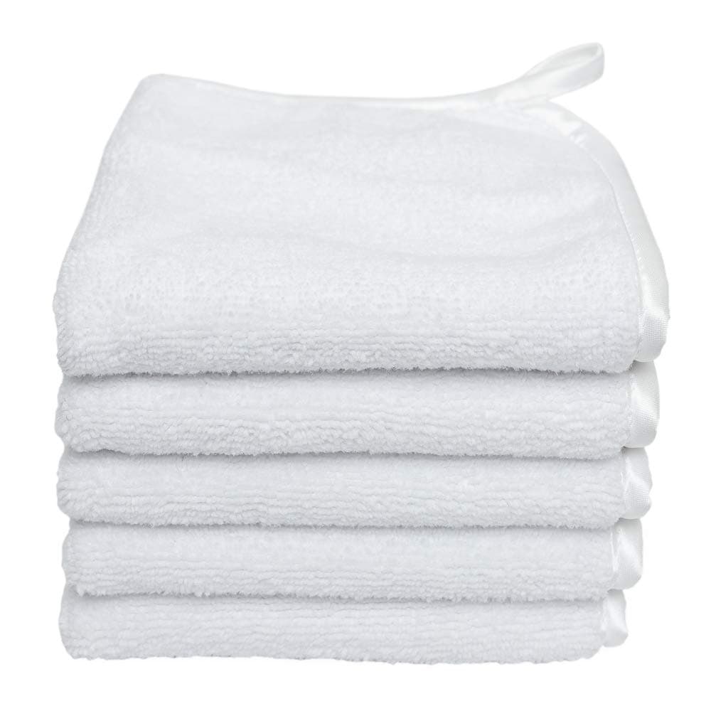 The Rag Company - Microfiber Facial Cloth - Ultra Soft and Gentle Luxury Makeup Remover Wash Cloths with Silky Satin Border, TRC Skin Care Towel, 450gsm, 8in x 8in, White (5-Pack)