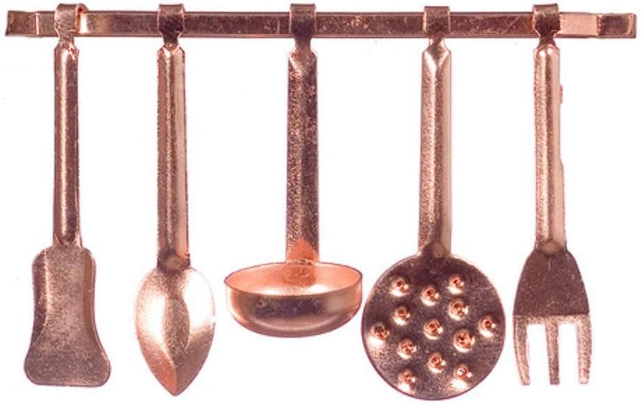 Dolls House Miniature Kitchen Accessory Copper Hanging Utensils & Rack 5055