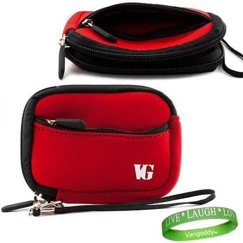 Durable and Elegant Neoprene Digital Camera Sleeve Case for your Nikon COOLPIX L Series Red , interior lined with double padding preventing damages + Green Vangoddy Bracelet