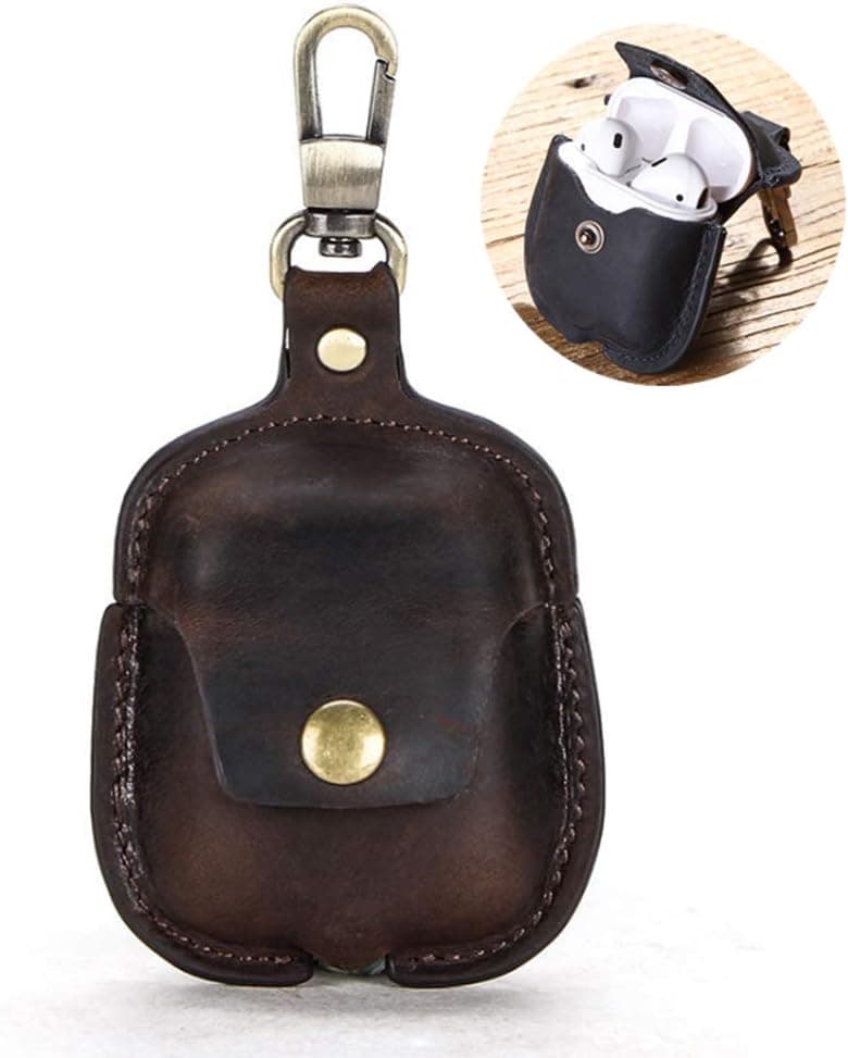 Genuine Leather Case with Keychain for AirPods, Yoelike Vintage Shockproof Protective Cover Skin for Apple AirPods Earphones Charging Case