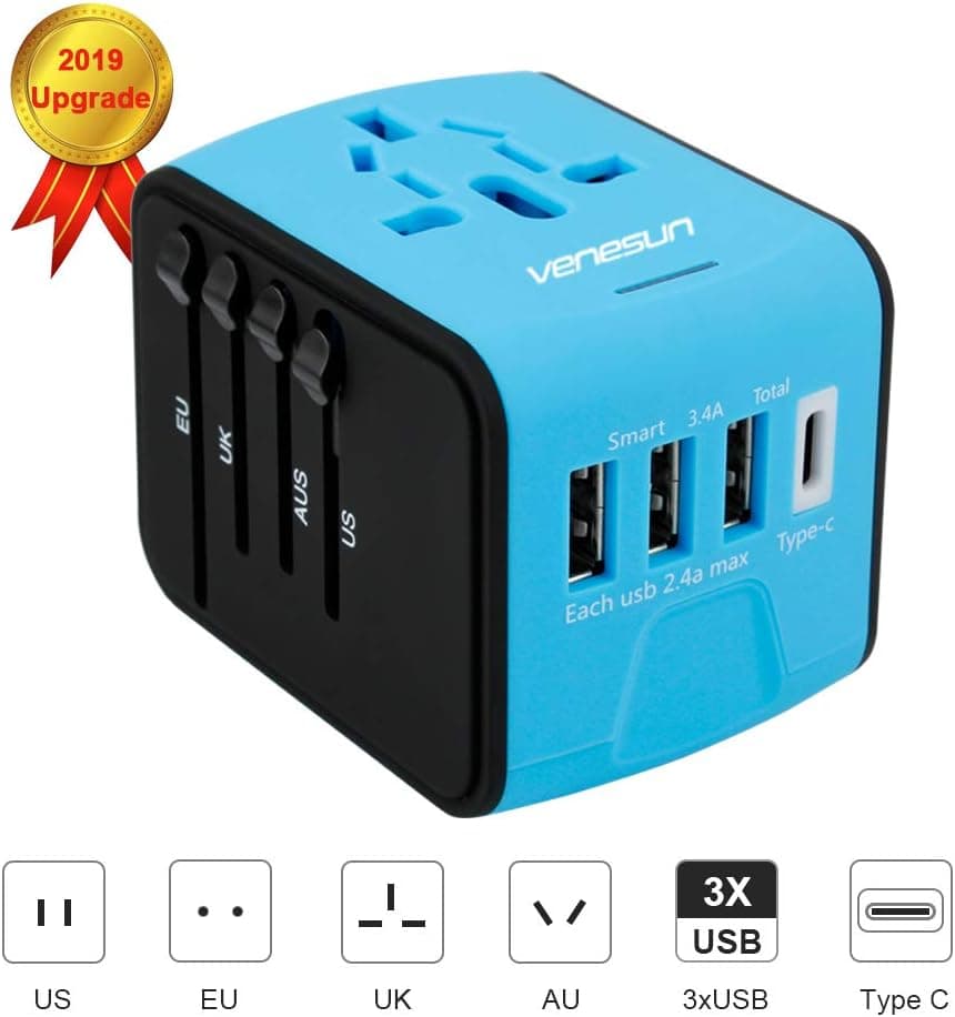 Universal Travel Adapter, VENESUN Upgrade All in One International Travel Power Adapter with High Speed 3 USB and 1 Type-C, Travel Adapter Europe for US/UK/EU/AU/Asia 150 Countries, Blue