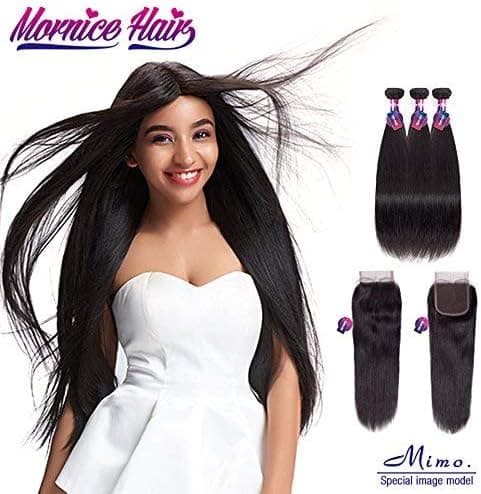Peruvian Hair Bundles With Closure, Mornice 10A Straight Human Hair Extensions with 4x4 Free Part Lace Frontal Natural Black (12 14 16+10inch)