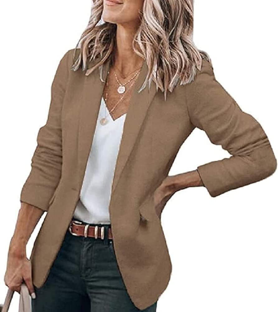 SAOVERE Womens Casual Open Front Long Sleeve Blazer Collared Work Office Pockets Jackets