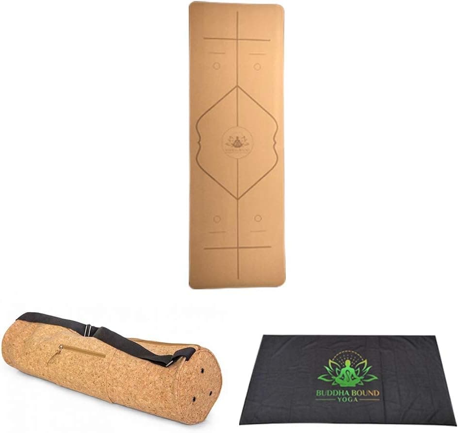 Cork Yoga Mat Non Slip, Premium Cork and Natural Rubber Eco Friendly Soft Light Weight Sweat Resistant Yoga Cork Mat with Matching Cork Yoga Bag Extra Roomy With J-Zipper and Cool Dry Towel