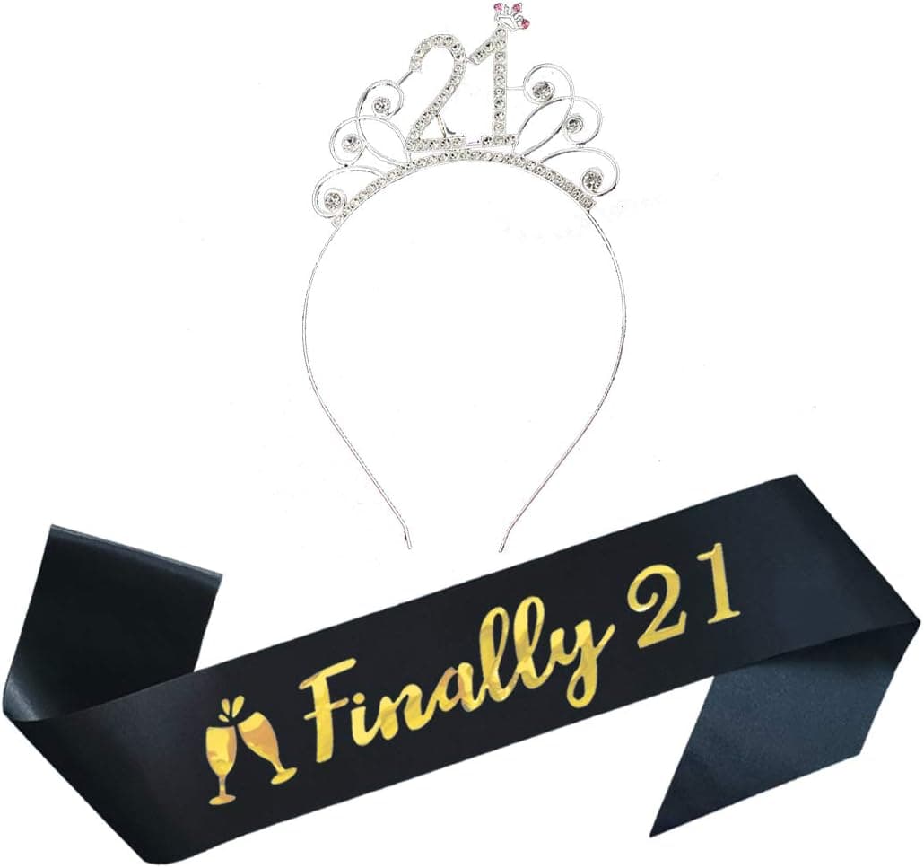 21st Birthday Party Supplies 21st Birthday Tiara and Sash Kit Rhinestone Birthday Headband and Glitter Satin Sash for Happy Birthday Party Favors, Decorations
