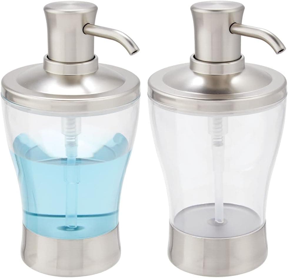 mDesign Modern Plastic Refillable Liquid Soap Dispenser Pump Bottle for Bathroom Vanity Countertop, Kitchen Sink - Holds Hand Soap, Dish Soap, Hand Sanitizer & Essential Oils - 2 Pack - Clear/Brushed