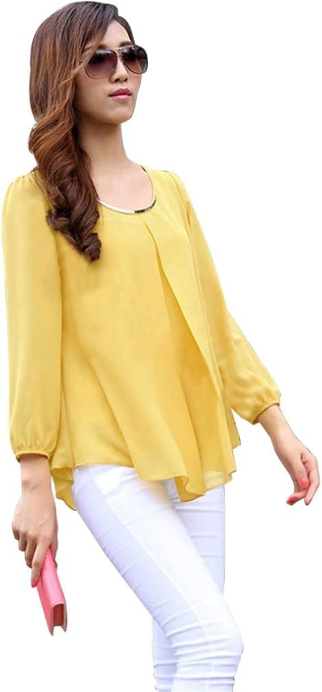 Ninimour- Women's Spicy Girl Solid Loose Chiffon Shirt Blouse (M, N02.yellow)
