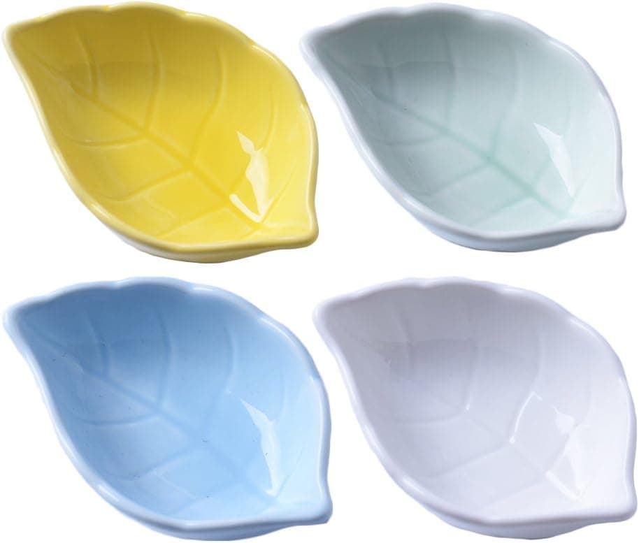 WAIT FLY Leaves Shaped Ceramics Seasoning Dishes/Tea Bag Holders/Ketchup Saucer/Appetizer Plates/Vinegar Spice Salad Soy Sushi Wasabi Seasoning Dipping Bowls, Set of 4