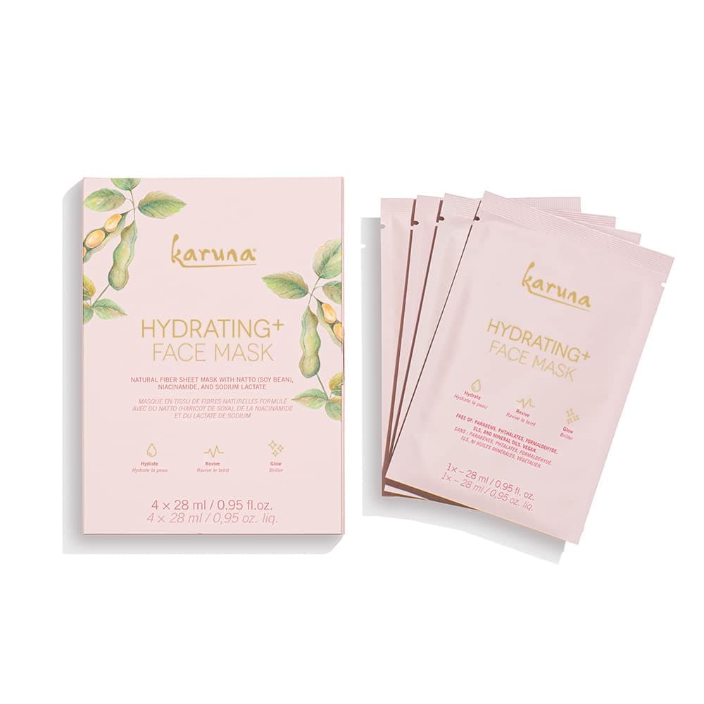 Karuna Hydrating+ Sheet Face Masks, Facial Skincare and Beauty Essential - Made of Absorbent Natural Fiber with Natto, Niacinamide and Sodium Lactate to Restore Glow and Moisture (4 Sheets per Set)