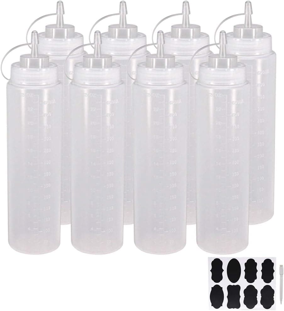 Belinlen 8 Pack 24 oz Plastic Squeeze Squirt Condiment Bottles with Twist On Cap Lids - Perfect for Condiments, Oil, Icing, Liquids–Set of 8 with extra 8 Chalk Labels and 1 Pen
