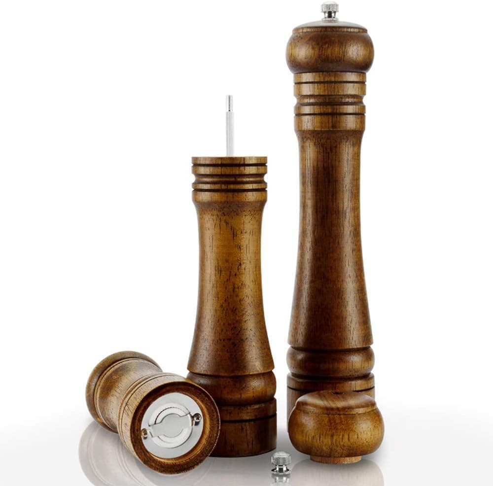 QELEG Salt and Pepper Grinder Set Mill Spice Shaker Wooden Grinder Kit Wood Color 5 Inch,8 inch,10 Inch, Set of 3