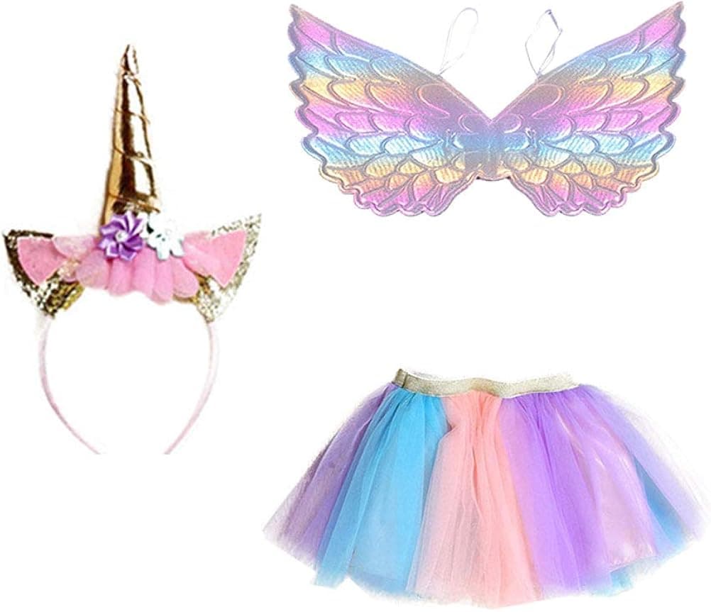 FENICAL Unicorn Tutu Costume Unicorn Skirt Outfit Birthday Christmas Party Dress Unicorn Headband Wings for Girls Kids L