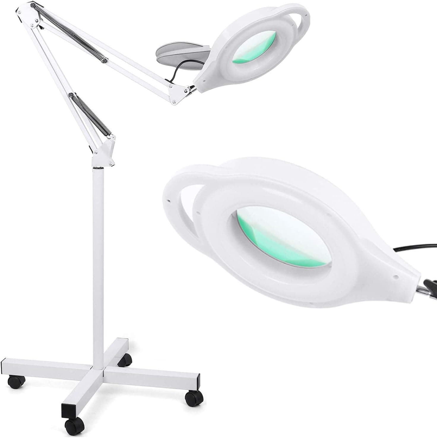 8X Dimmable Magnifying Floor Lamp with 4 Wheel Rolling Base for Estheticians - 2,200 Lumens LED Light with Glass, Lighted Magnifier with Swing Arm for Reading, Craft, Sewing, Hobbies White