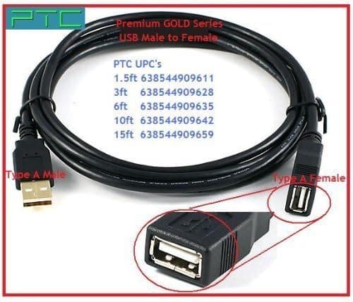 15 ft PTC Premium GOLD Series A-A Male/Female USB2.0 CERTIFIED Extension cable