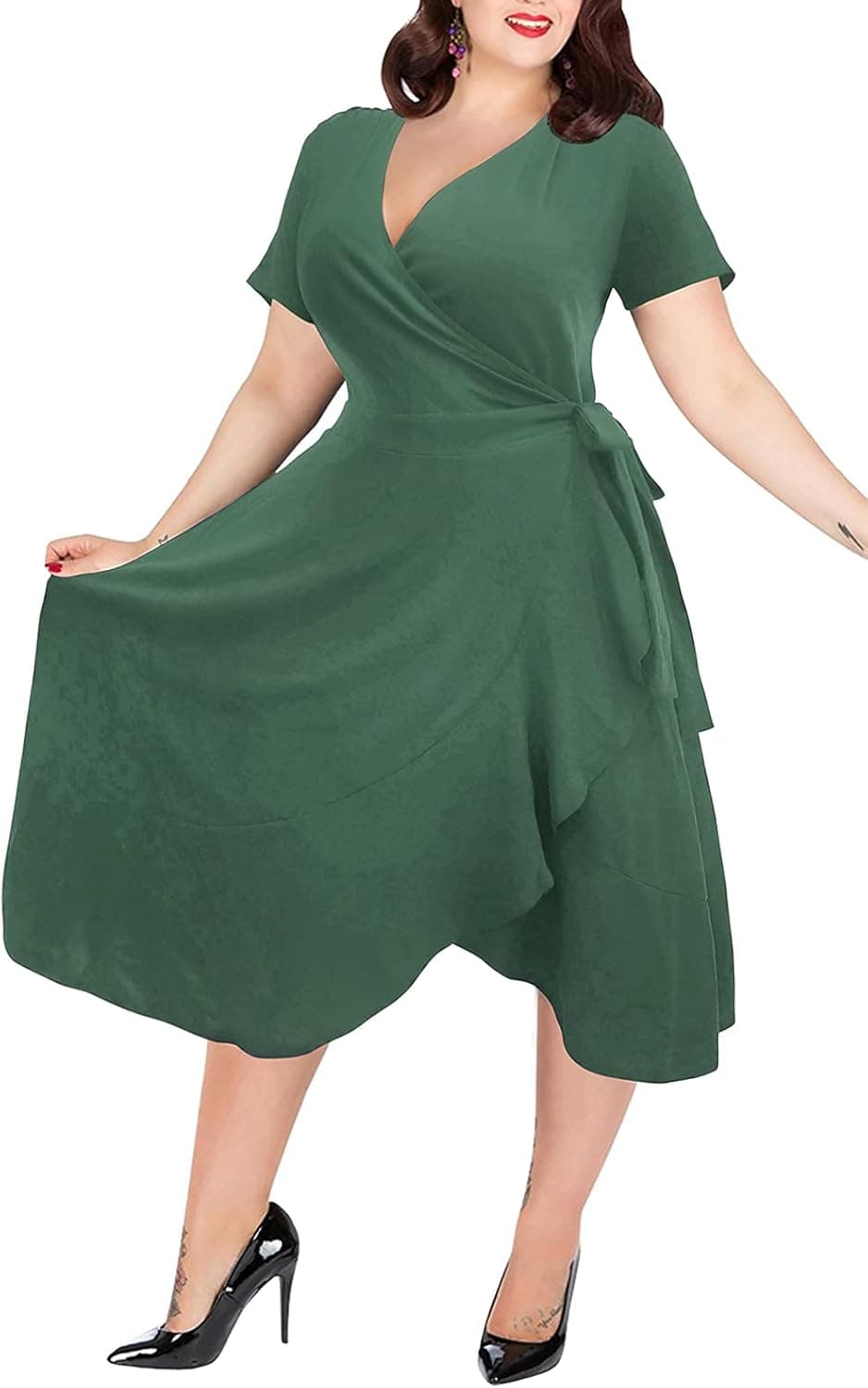 Nemidor Women's Short Sleeve V-Neck Plus Size Wrap Dress Casual Ruffle Swing Dress NEM233