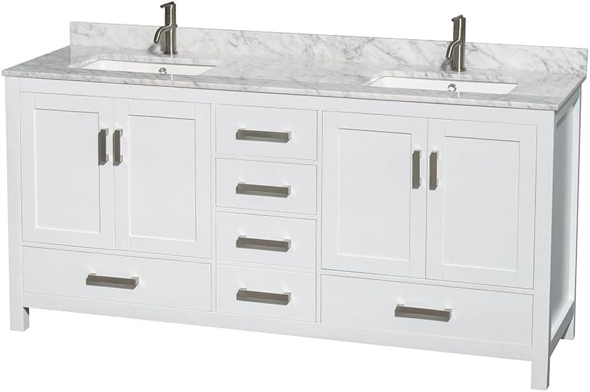 Wyndham Collection Sheffield 72 inch Double Bathroom Vanity in White, White Carrara Marble Countertop, Undermount Square Sinks, and No Mirror