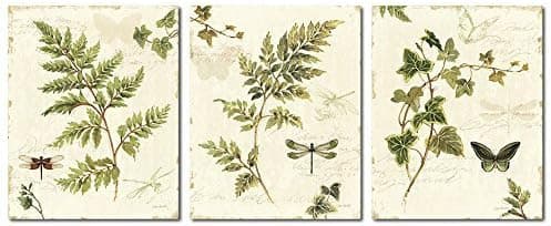 Gango Home Decor Classic Green and Brown Botanical Leaves, Dragonflies and Butterflies Set by Lisa Audit; Three 8x10in Poster Prints