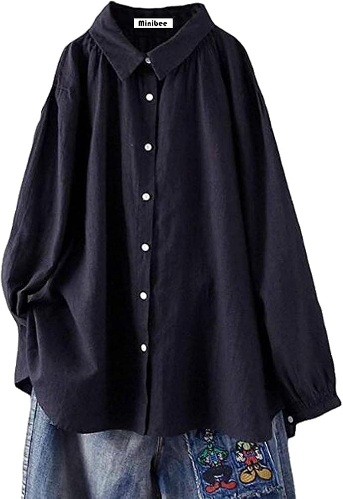 Minibee Women's Cotton Tunic Tops Button Closure Blouse with Hi-Low Hem