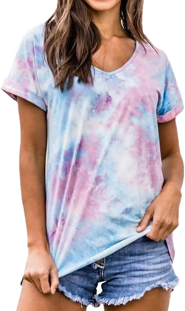 T Shirts for Women Tie Dye V Neck Short Sleeve T-Shirt Loungewear Tee Tops