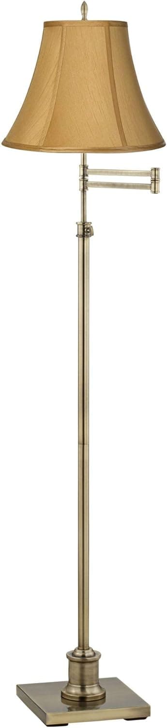 360 Lighting Westbury Traditional Swing Arm Floor Lamp Adjustable Height Standing 70" Tall Antique Brass Coppery Gold Fabric Bell Shade Decor for Living Room Reading House Bedroom Home