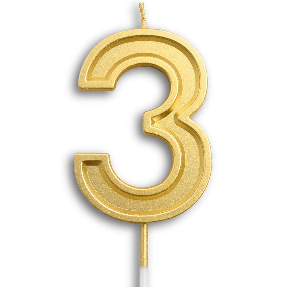 Dollet 2.75” Big Gold Birthday Candle Numbers 3 Cake Candle Topper for Kid’s/Adult’s Birthday Party