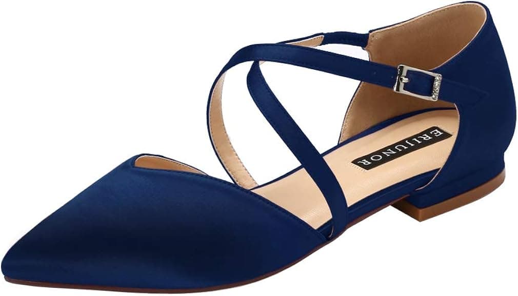 ERIJUNOR E0012 Pointy Toe Flats D-Orsay Low Heel Pumps Satin Wedding Evening Prom Dress Shoes Navy Size 9