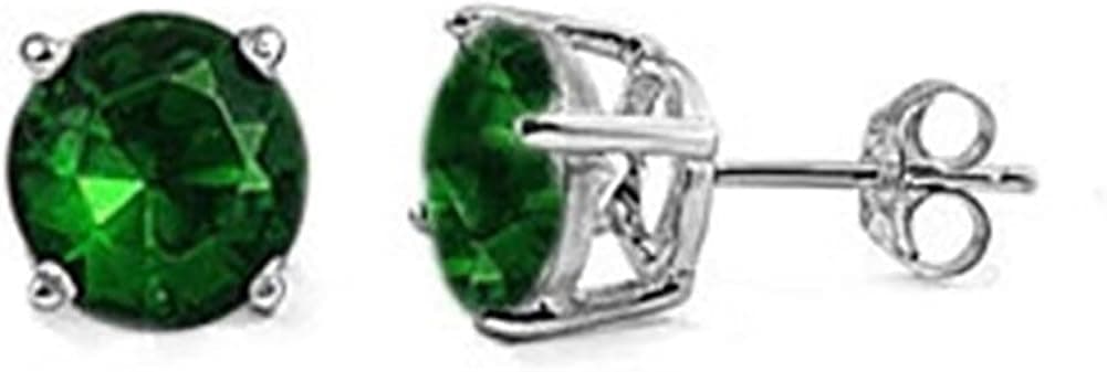 Stud Post Earring Round Simulated Green Emerald 925 Sterling Silver