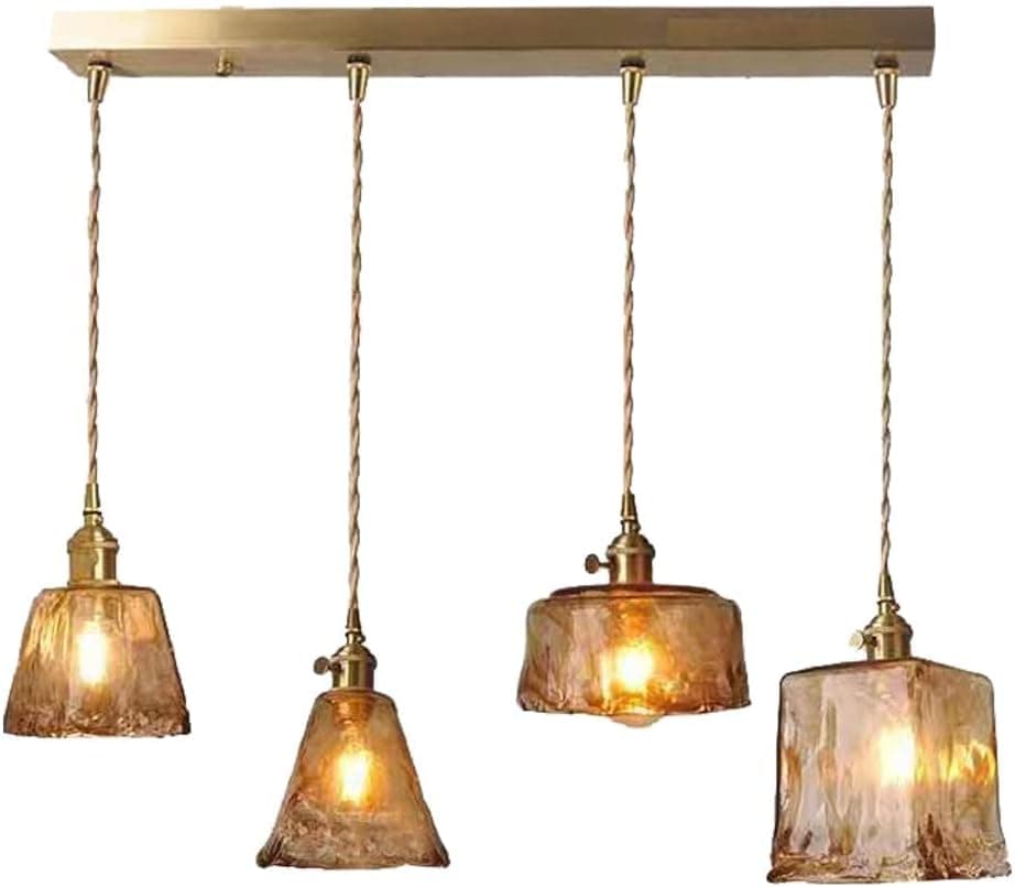 SAM Uncle 30" Vintage Island Pendant Lighting Golden Glass Shade Chandelier 4 Lights Industrial Fixture Hanging Line Can Adjuste for Kitchen Island Bar Coffee Shop