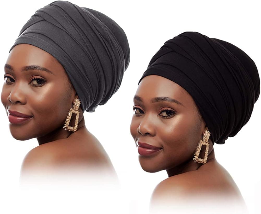 EVQ 2 Pcs Stretch Head Wrap Scarf Long Hair Turban Scarfs Tie Dye&Solid Color Head Wraps for Women
