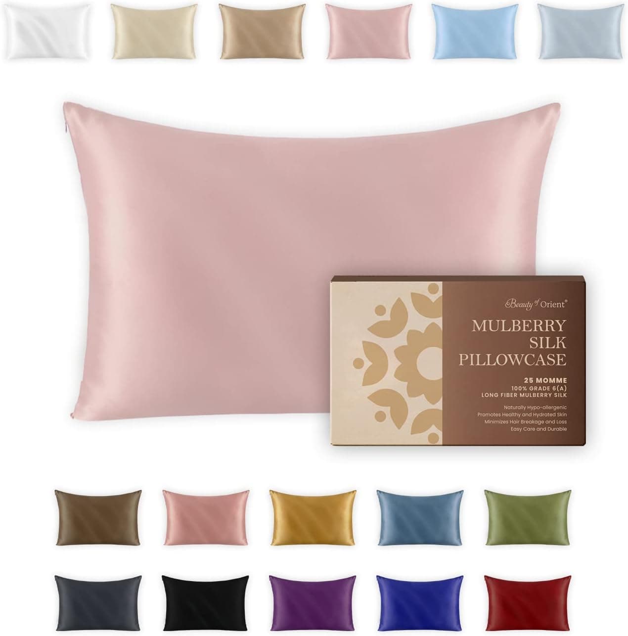 BEAUTY OF ORIENT - 25 Momme, 100% Pure Mulberry Silk Pillowcase for Hair and Skin, Natural Hypoallergenic Silk Pillow Case, Best for Beauty Body and Sleep (King - 20" x 36", Rose Water)