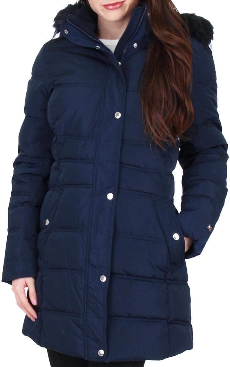 Tommy Hilfiger Women's Quilted Faux Fur Trim Hood Long Puffer Jacket