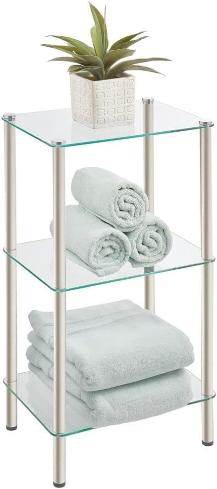 mDesign Metal/Glass 3-Tier Storage Tower, Narrow Shelving Display Unit, Open Glass Shelves; Multi-Use Stand for Living Room, Bathroom, Home Office, Hallway, Bedroom Organization - Satin/Clear