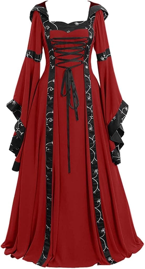WKSCLPAI Medieval Costume For Women Halloween Gothic Hooded Dress Floral Patchwork Flare Sleeve Dresses Floor Length Retro Irish Dress