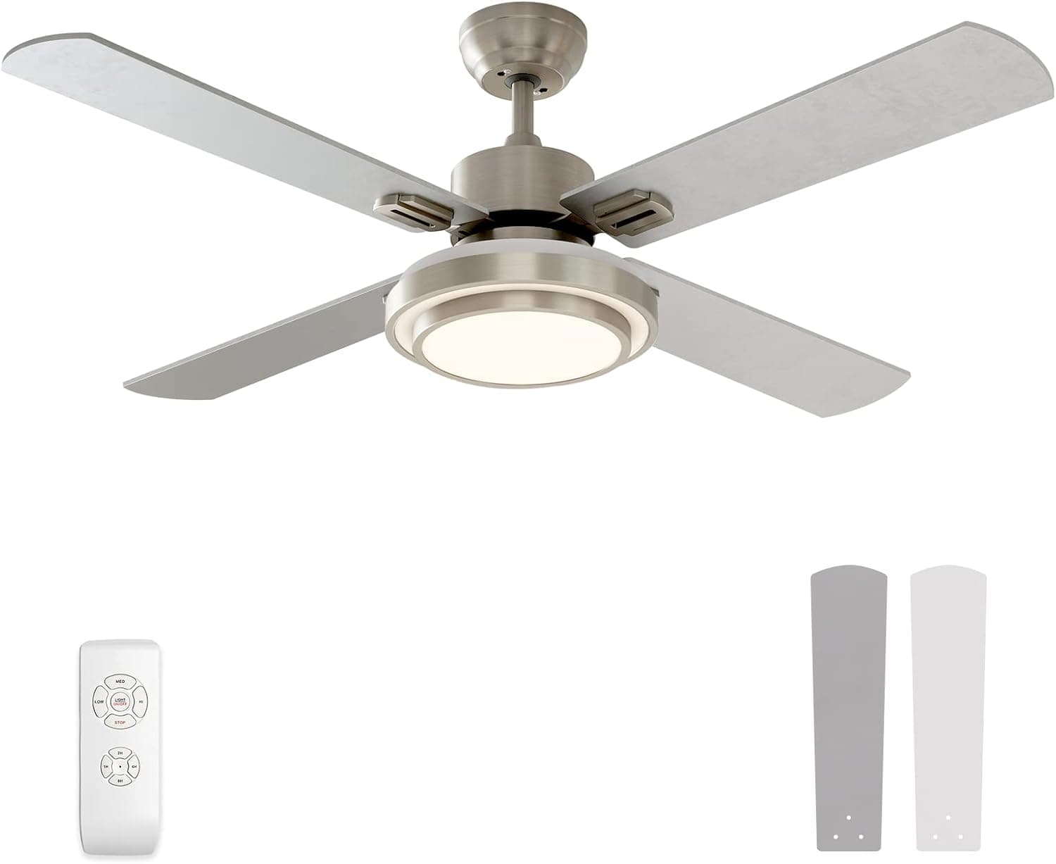 warmiplanet Ceiling Fan with Lights Remote Control, 52 Inch, Brushed Nickel Motor (4-Blades)