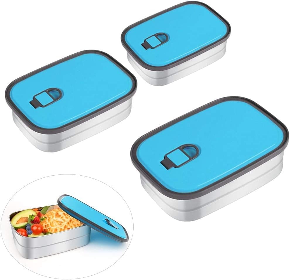 ShineMe Stainless Steel Lunch Containers for Adult Leak Proof Bento Box for Adults, Set of 3 (Blue)