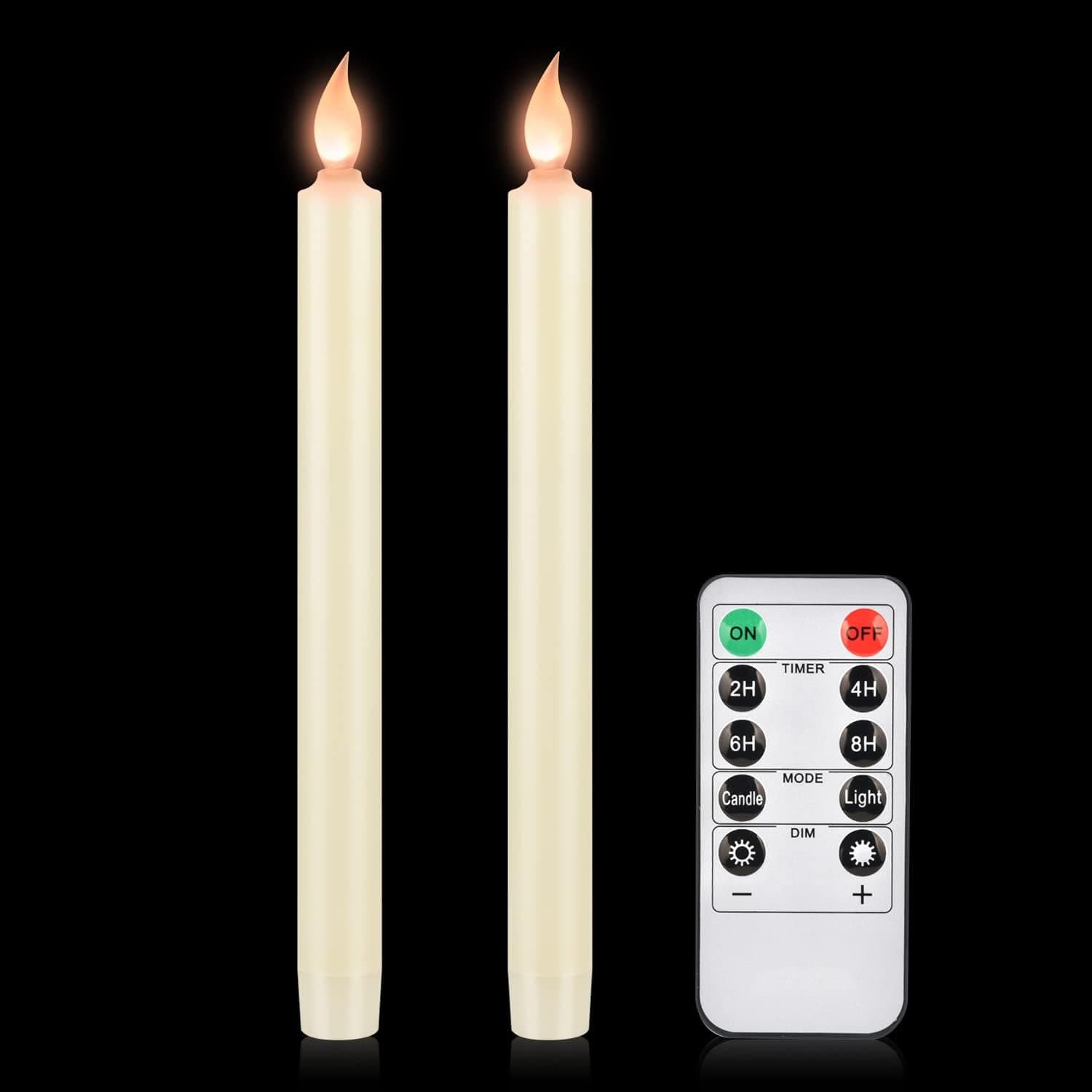 Flameless Taper Candles with Remote Control, Set of 2 LED Plastic Ivory Warm Fire Flicking Wick Taper Candles, Gifts for Indoor Outdoor Christmas Wedding Decor (Ivory 2 pcs with 1 Remote)
