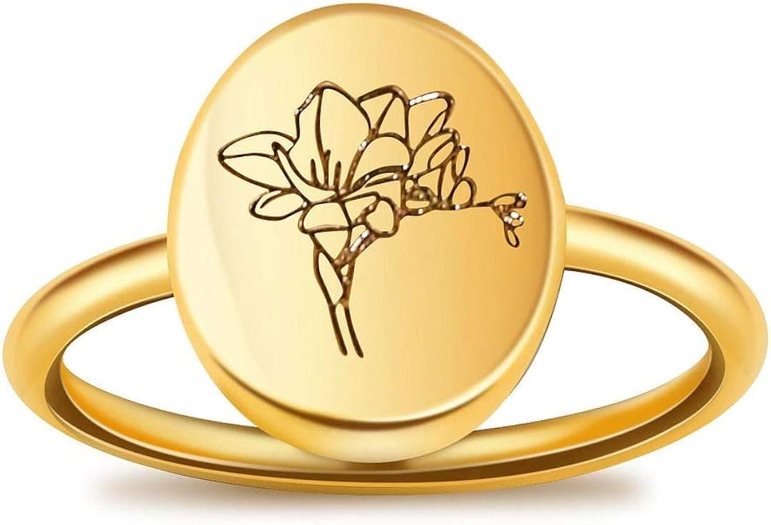 LUIWIN Birth Flower Signet Ring 18K Gold Plated Stacking Oval Floral Ring Dainty Custom Engraved Minimalist Month Wildflower Ring Jewelry for Mom Women Girls Bridesmaid