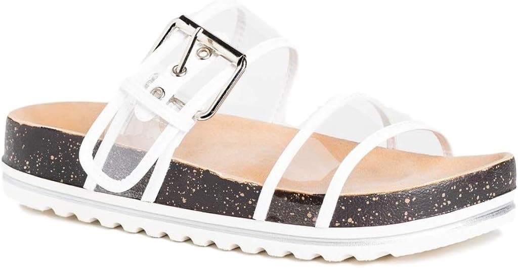 Womens Clear Double Strap Slides Slip on Flat Platform Buckled Cork Sandals