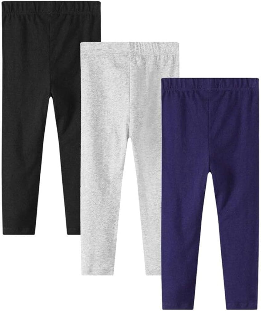 Girls Leggings 3-Pack Set Cotton Casual Solid Stripe Stretch Tights Pants