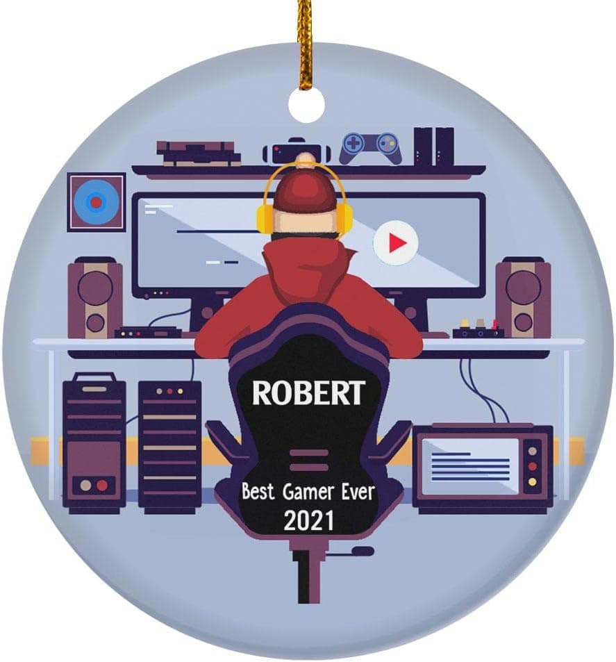 Gear Channels Gear Orange Personalized Ceramic Circle Gamer Ornament Video Player Gaming Gifts for Teenage Boys Girls Cool Best Gamer Ever for Ornaments Xmas 2021 Christmas Decor Game