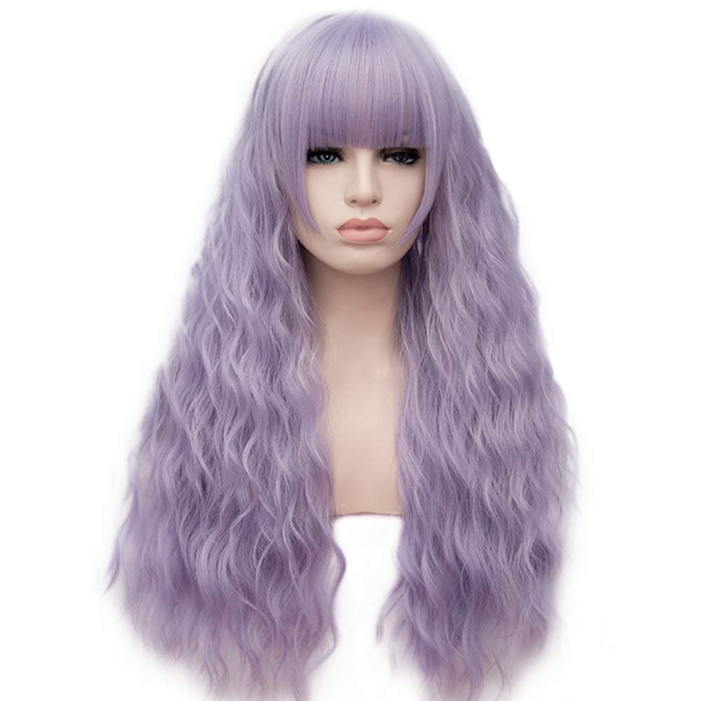 BERON 27’’ Women Girls Lovely Synthetic Mix Color Long Curly Wigs Pin Curls with Neat Bangs Hairnet Included (Silver Purple)