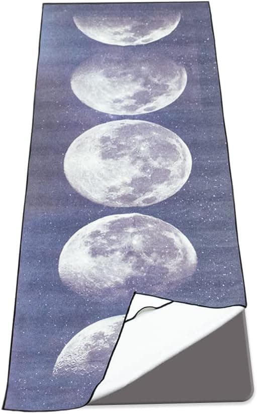Colorful Star Non Slip Yoga Towel with Corner Pockets for Yoga Mat - Microfiber Mat-Sized Yoga Towel for Hot Yoga - Sweat Absorbent Hot Yoga Mat Cover Towel 70" x 26" - Grey Moon Phases Print