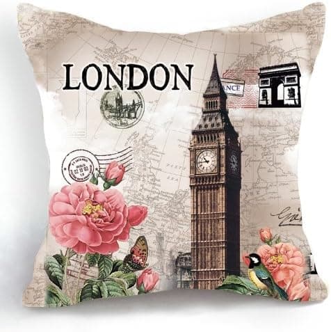 Ktbean OJIA Retro Vintage London Big Ben Flower 18 X 18 Inch Cotton Linen Home Decorative Throw Cushion Cover/Pillow Sham