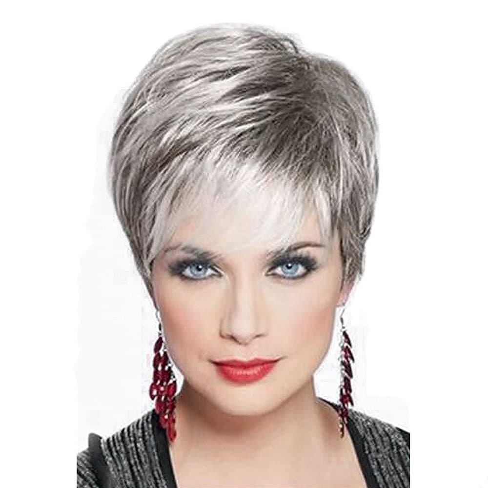 Rendaa Short Grey Human Hair Wigs for Women Blend Cut Wig with Bang Straight Bob Human Wigs