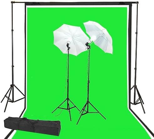 ePhoto Video Chromakey Green Screen lights Studio Photography Video Chromakey Green Screen Lighting Kit 3pc 10 x 12 ft Green Screen, Black, White Muslin with Complete 2 Light Lighting Kit and Backdrop Background Support System + Case ePhotoINC 1012K69G/B/W