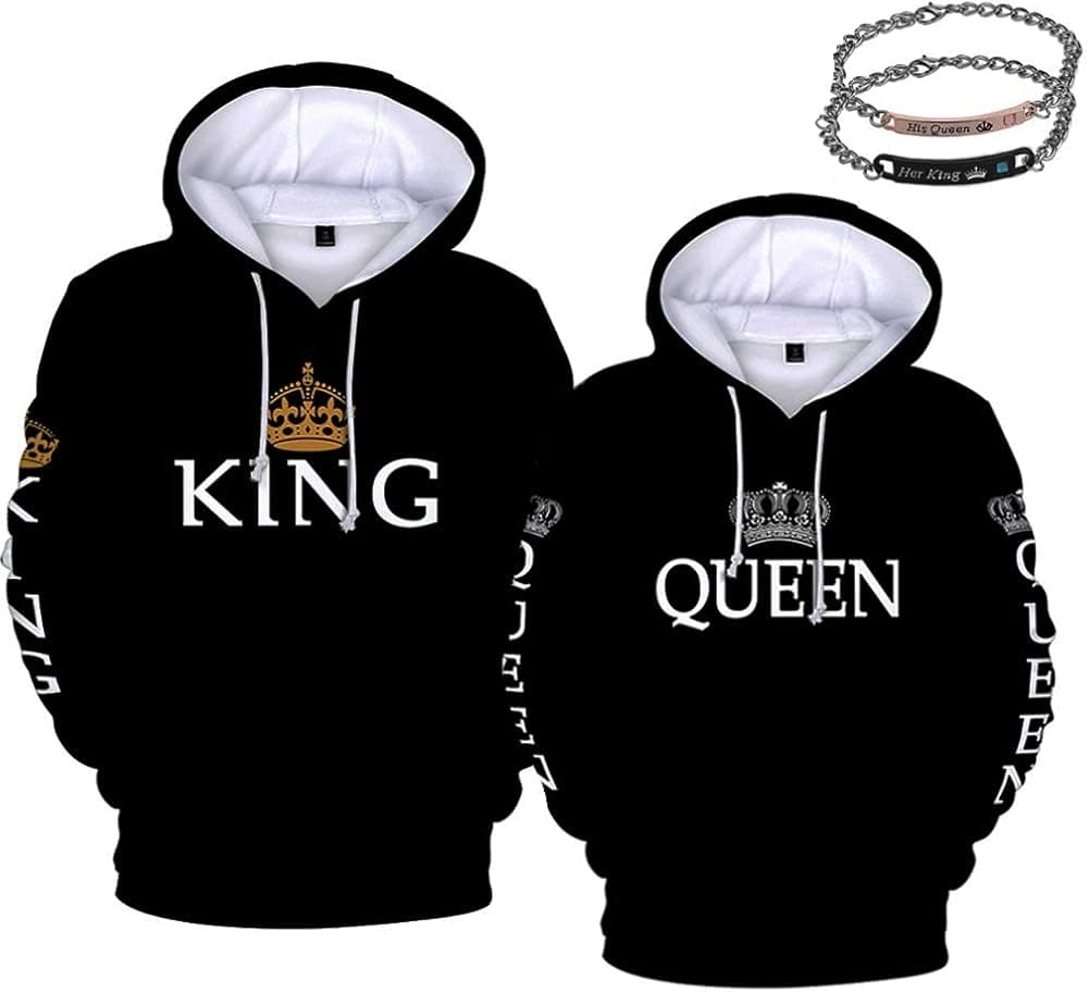 Forlove365 King Queen Hoodies Couple Matching Sweatshirts His & Her Sweaters with Bracelets