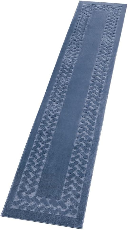 Collections Etc Herringbone Carpeted Runner Rug, Solid-Colored with Plush Decorative Trim Accents and Skid-Resistant Backing for Long Hallway, Blue, 22" X 90"