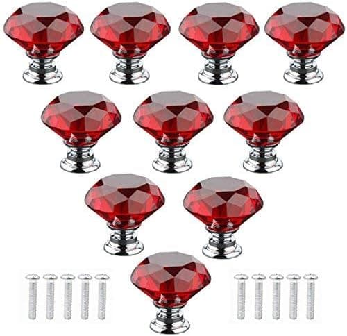MoreShow 10pcs 30mm Red Crystal Glass Cabinet Knob Cupboard Drawer Pull Handle Diamond Shape
