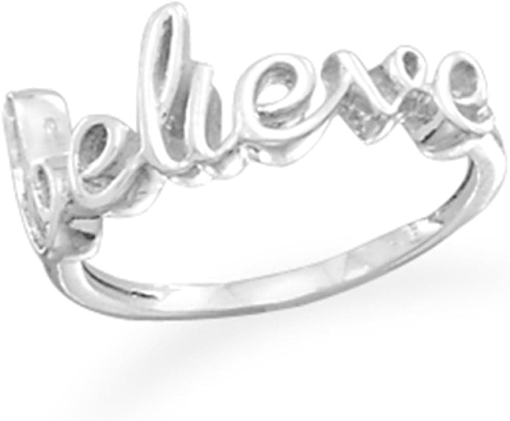 AzureBella Jewelry Sterling Silver Believe Ring Script Cursive Writing