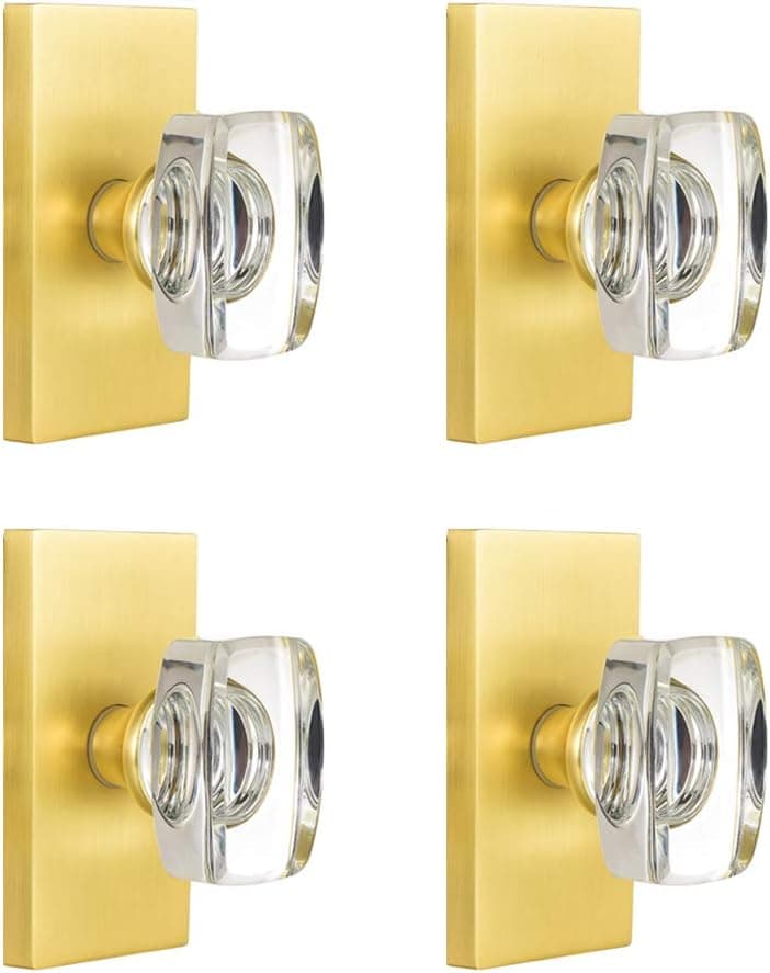 HIEMEY Glass Dummy Door Knobs Interior, Crystal Half Dummy Door Knobs for Closet, Hall, Bifold, Gold Door Knob Satin Brass (4Pack)